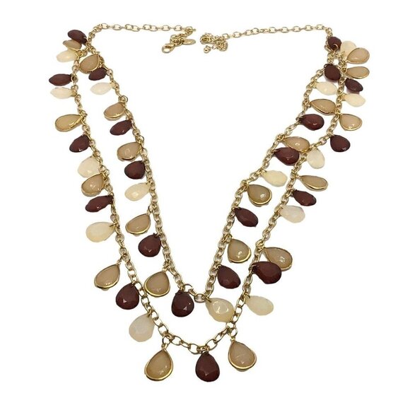 Charming Charlie Necklace Teardrop Fringe Gold Tone Brown Pale Pink - Picture 5 of 5